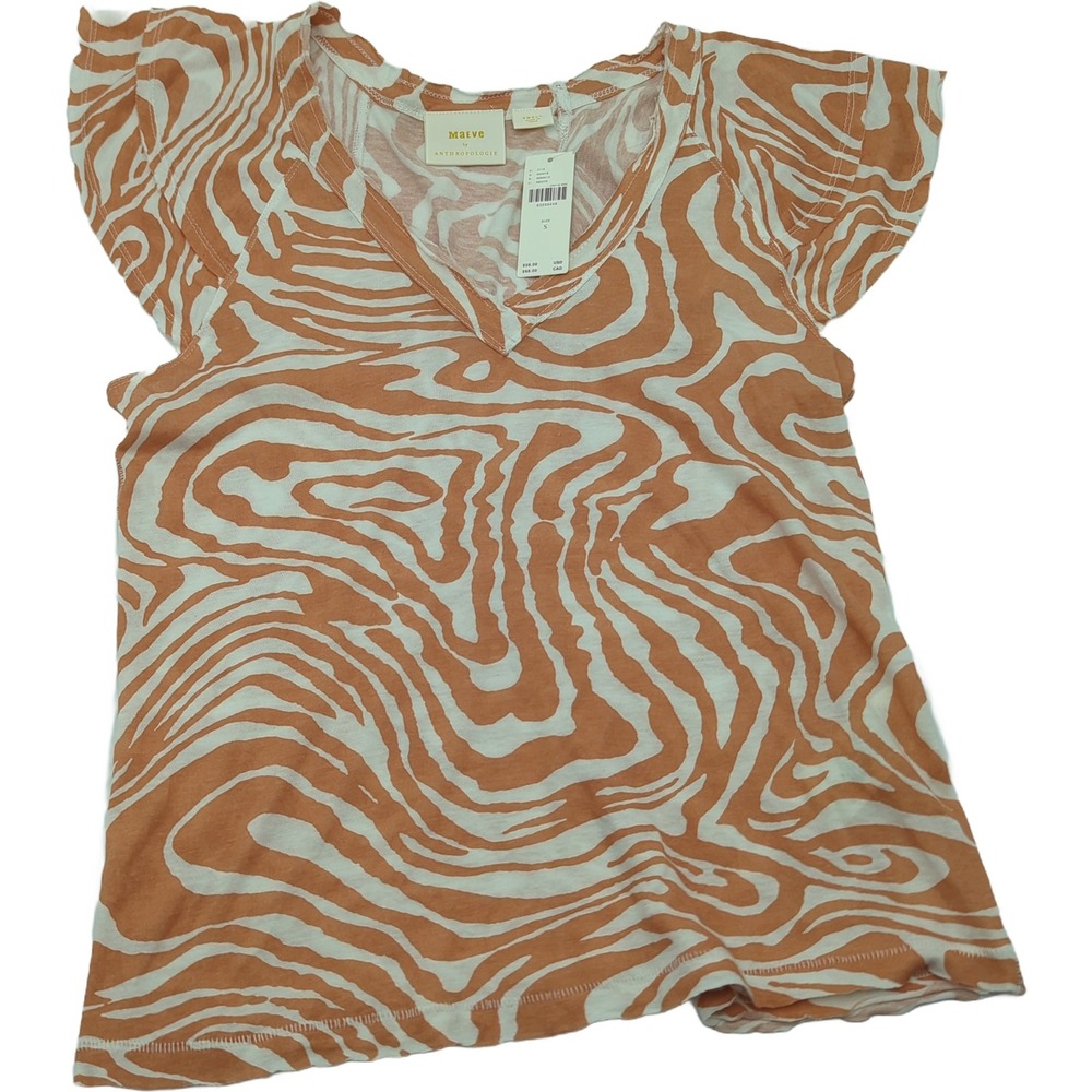 Maeve by Anthropologie Orange White Swirl Flutter Sleeve V-Neck Top Small NWT